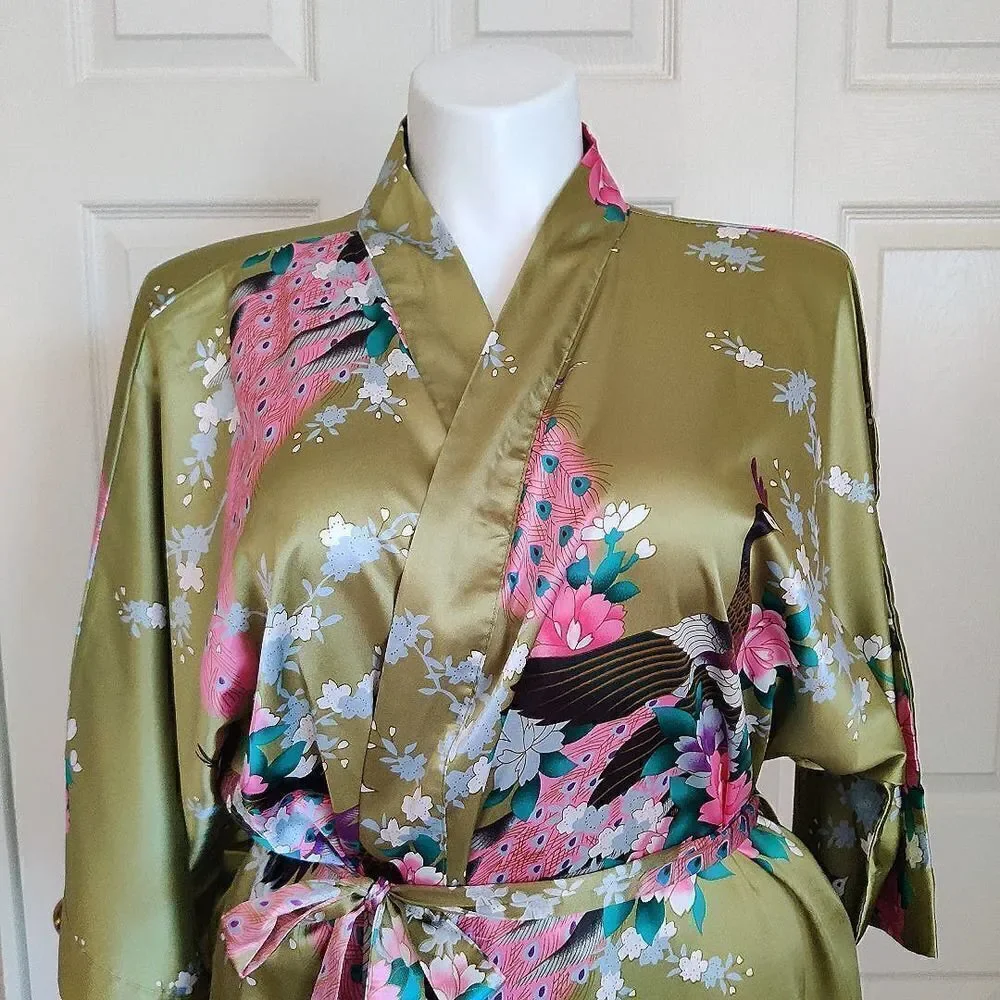 Applesauce green satin peacock floral kimono robe